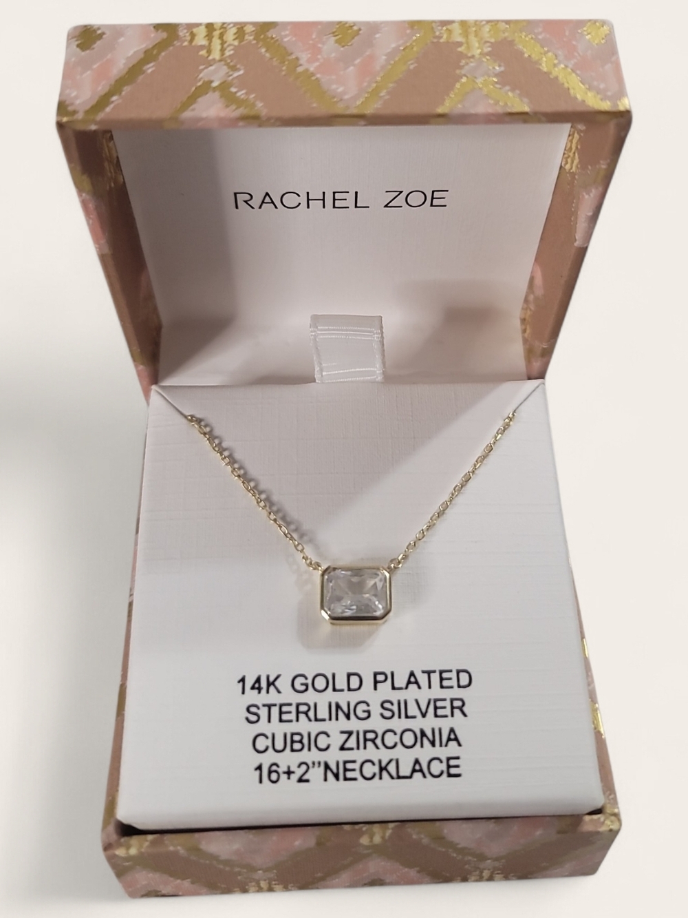 Rachel Zoe Gold Square Cubic Zirconia Pendant Necklace New In BOX